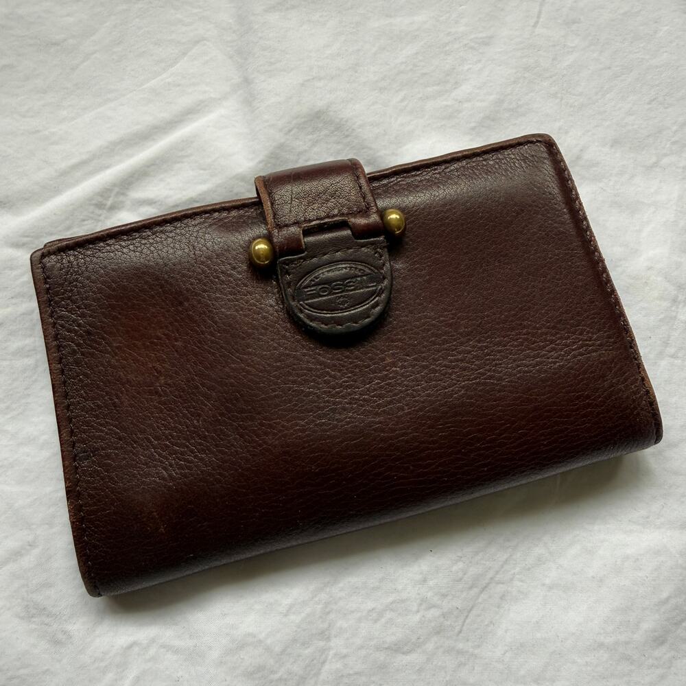Vintage Fossil Leather Wallet Trifold Brown Snap Closure Y2K Retro Chic